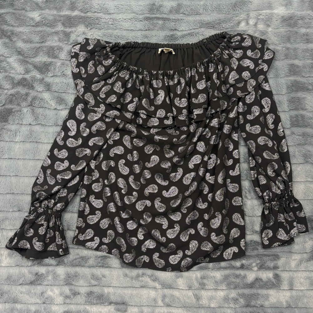 Michael Michael Kors Black Silver Metallic Paisley Off Shoulder Ruffle Blouse S